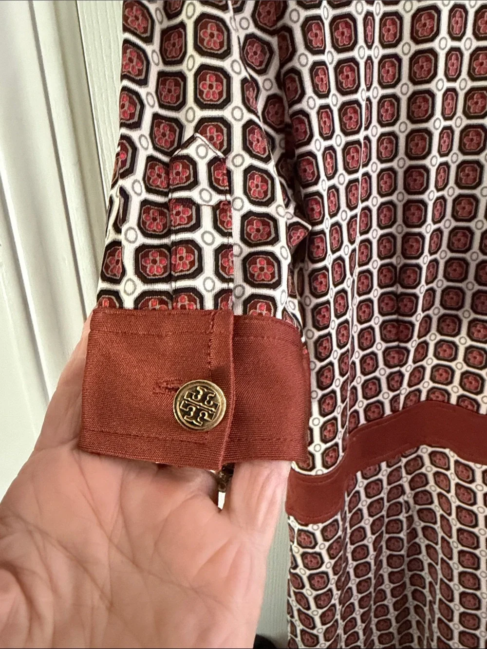 Tory Burch Rust and Cream Geometric Knit Polo Midi Dress